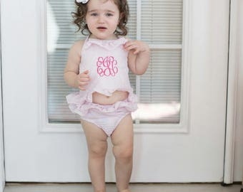 Girls seersucker ruffle two piece bathing suit ~ seersucker bathing suit ~ girls ruffle seersucker monogrammed bathing suit