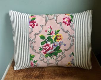 Vintage floral barkcloth and ticking cushion