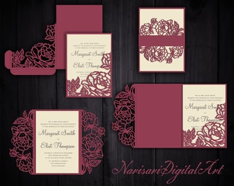 Peonies Set Cricut Wedding Invitation Template Gate Fold / Tri-Fold Pocket Envelope / Bellyband. SVG cutting files, Laser cut