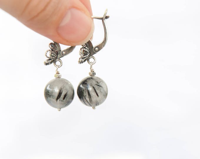 Tourmalated quartz earrings, Mismatched earrings, Black gemstone earrings, Asymmetrical earrings, Tourmalated quartz jewelry