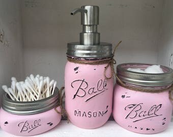 Painted Mason Jars. Mason Jar Bathroom Set. Home Decor. Bathroom Decor. Vintage. Rustic. Shabby Chic. Gift. Mason Jar Soap Dispenser.