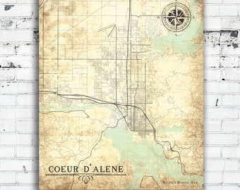 COEUR d'ALENE ID Canvas Print Idaho Vintage map gift home decor Id Vintage Town Plan map Wall Art map poster retro old poster vintage map Id