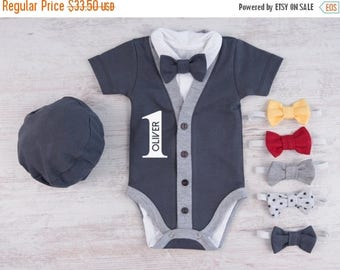 LATE SHIP SALE 1st Birthday Boy Outfit, Personalized Graphite Gray Cardigan, Bodysuit, Hat & Bow Tie Set, First Birthday Photo Props, One Ye