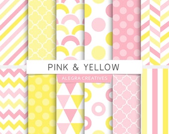 Pink & Yellow digital paper, soft pink, yellow, polka dot, chevron, stripes, geometric patterns, scrapbook papers (Instant Download)