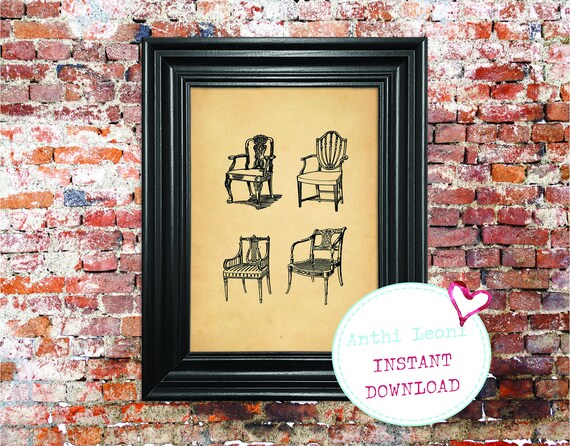 Pretty Antique Chairs Instant download | Vintage Old Paper Print Design | Old Chairs Book Page Illustration | Just Download and Print #0003