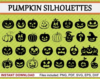 Pumpkin Silhouettes, Set of 31 Commercial Use Clipart, Pumpkin Clipart, Halloween Clipart, Pumpkin Face Carving, pdf png eps dxf svg files