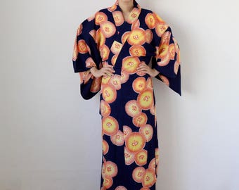 Japanese Yukata, summer kimono, navy yukata, cotton kimono, floral yukata, summer dress, kimono dress, Yukata, vintage Yukata /2104