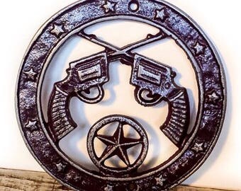 Cast Iron Hunting Decor - Gun Wall Art - Hunting Nursery Decor - Gun Decor - Crossed Pistols - Western Nursery - Christmas Gifts For Dad