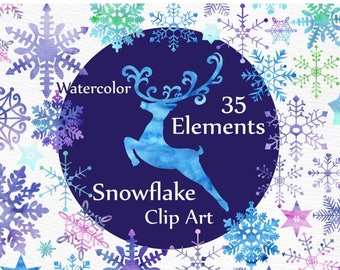 ON SALE 30% Watercolor Snowflakes clipart: "CHRISTMAS Clipart" Winter clipart Watercolor deer Holiday Clipart Christmas cards Blue Purple Sn