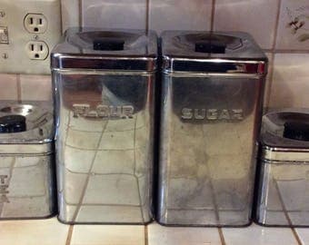 Vintage Lincoln Beautyware Chrome Metal Kitchen Canisters: Flou,r Sugar, Tea, and Coffee