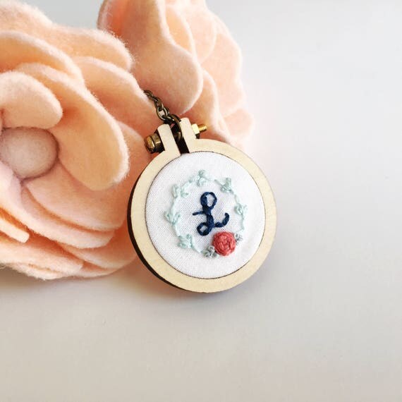 Custom Monogram Pendant/Embroidered Necklace/Mini Hoop