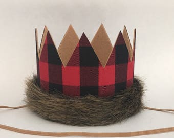 Lumberjack Birthday Crown, Lumberjack First Birthday Hat, Buffalo Check Plaid Party, Red Black Tan Wilderness Birthday Crown, Camping Birthd