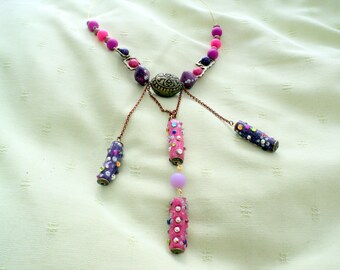 Necklaces-Pearl necklaces-pearl-bead necklace in fimo-pate fimo paste and bronze chain