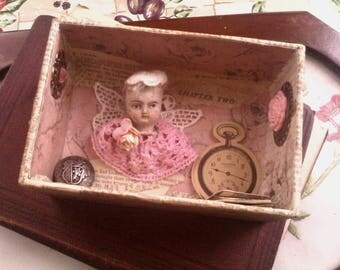 Antique Doll Diorama/Shadow Box. Cute doll art. Doll assemblage. Charming doll art gift. Keepsake box