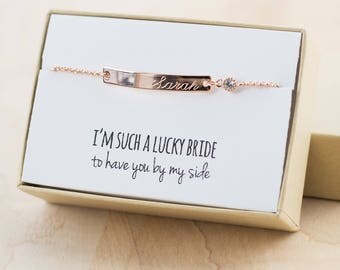 Flower Girl Gift - Junior Bridesmaid Jewelry - Junior Bridesmaid Bracelet (Rose Gold Bar Bracelet with CZ) - Flower Girl Bracelet