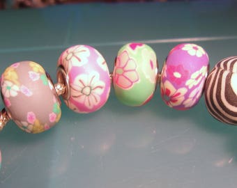 10 pc-Floral European Bead Charms-Hippie Style-Polymer Clay-Large Hole-Retro Beads-Flower European Beads-European Bracelet