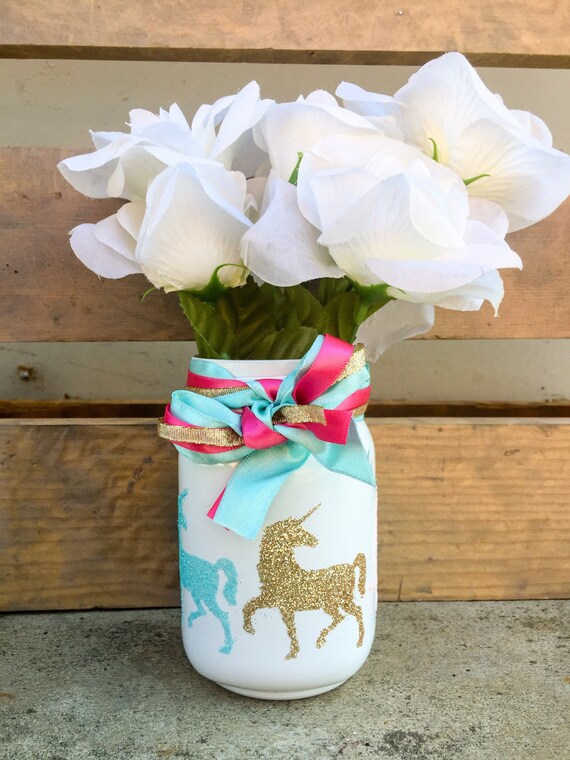 Unicorn mason jar centerpieces. Unicorn birthday decorations.