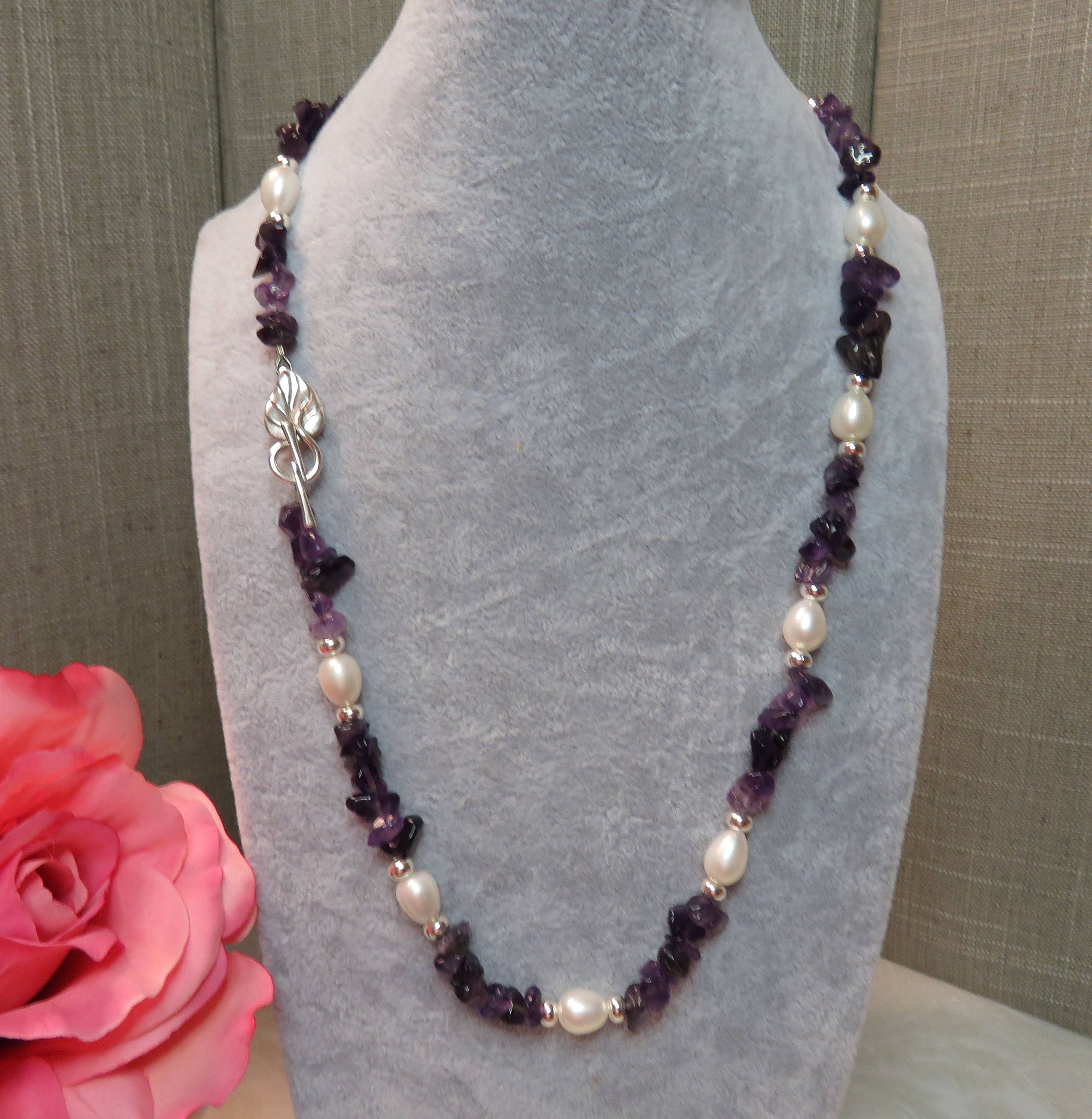 Amethyst Chips and Freshwater Pearl Necklace w/Sterling Silver