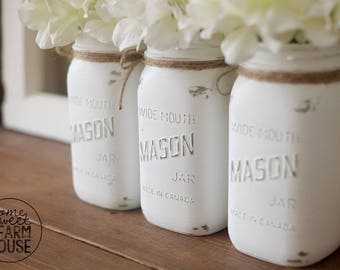 Canadian Mason Jar Vase Set of 3 | Chalk Painted Mason Jars | Made In Canada Mason Jar | Distressed Vase Farmhouse Decor | Wedding Gift