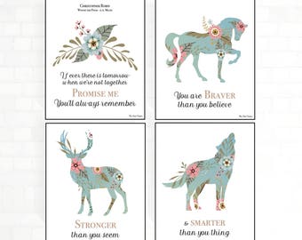 Nursery decor, Woodland nursery, Winnie the Pooh quote, Children room decor, Nursery print, Set of 4 posters romantic style, Wall art decor