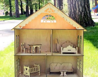 Dollhouse with furniture, Wooden dollhouse, Dollhouse furniture, Wood dollhouse, Doll House, Plywood house, Wooden doll house, Dollhouse Kit