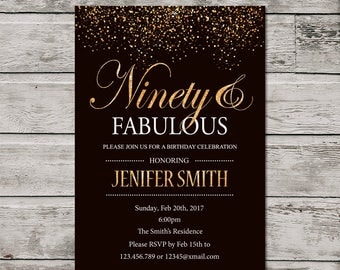 Gold 90th Birthday Invitation For Women, PRINTABLE Ninety And Fabulous Birthday Invite, Golden 90th invite. Ninety Invitation- GOLD glitter