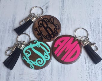 Monogrammed Circle Wooden Key Chains-Personalized Key Chain-Tassel Key Chain-Key Chain