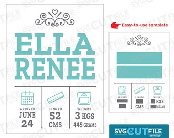 Metric birth announcement, new arrival baby cutting svg, birth stats digital template file, cameo weight height dxf, gender reveal party