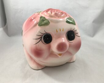 Vintage Ceramic Pink Rose Piggy Bank - Very Cute!