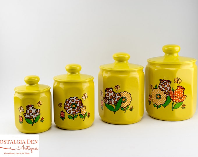Retro Canister Set | Mod Flower and Butterfly Canisters | Aluminum Kromex Kitchenware