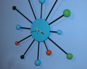 Retro Atomic Ball Clock Mid Century modern atomic George Nelson Style Handmade 20" Wood rods Decor Mod Eames era blue orange black