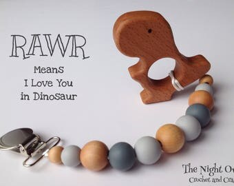 Silicone - Wood Pacifier Clip & opt. wood teether - Silicone Beads - Baby Girl / Boy - Binky Clip - Chew Beads soother clip, Greys/Wood
