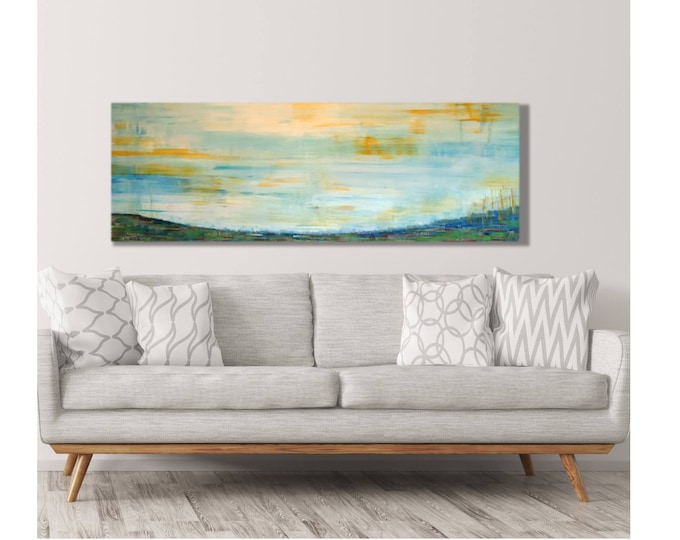 Horizontal Wall Art - Horizon Sunshine, Abstract Sunset Shimmer Sunrise, Very Large Horizontal Painting, 20x60 Canvas Wrap Art Prints Decor