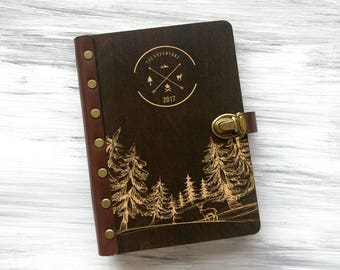 Personalised Travel Journal Wooden Journal Custom Notebook Leather Sketchbook Wooden Notebook Refillable Journal Adventure Book Gift for Him