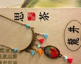 Necklace, Japanese paper and flower glass beads.