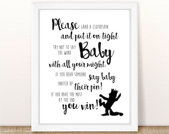Where the Wild Things Are Baby Shower Clothespin Game. 8" x 10". Printable. INSTANT DOWNLOAD.