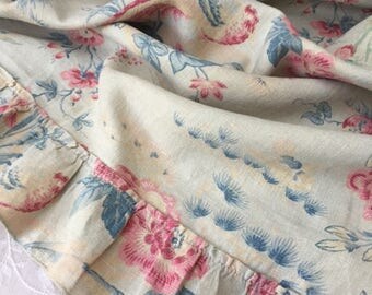 Lovely Antique French FADED BLUE LINEN w. Frill Printed Birds Butterfly Waterlilies Orientalism Era Boudoir Panel