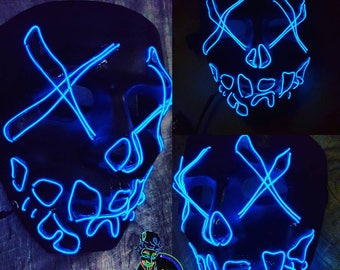 Suicide Squad~Purge Style Light Up Skull Mask - 9+ft EL Wire,LED,Festival,Halloween,skeleton,Party,Rave,Exclusive,Handmade,Movie Quality