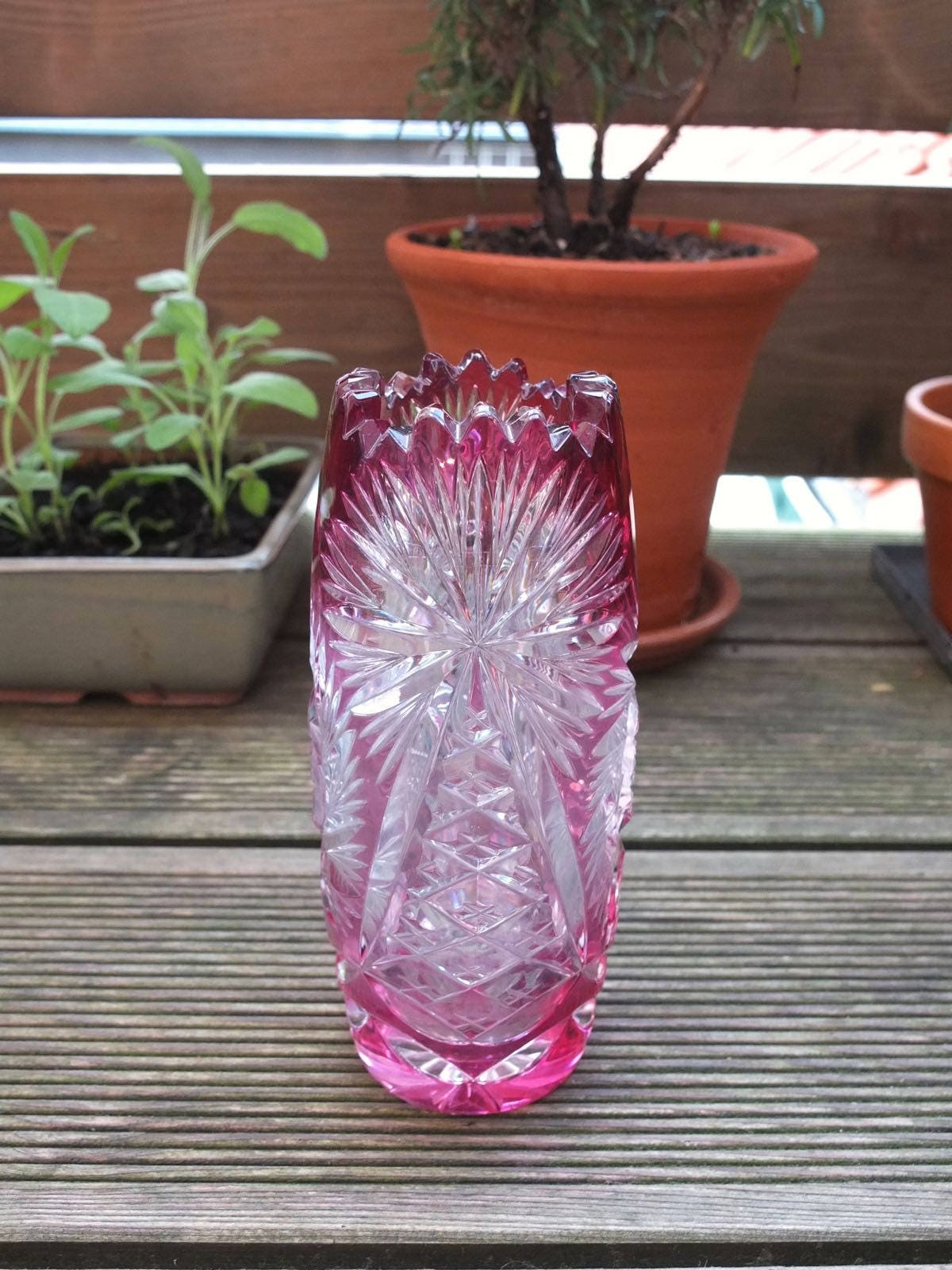 VINTAGE GLASS VASE / Pink Glass Vase / Cut to Clear Vase