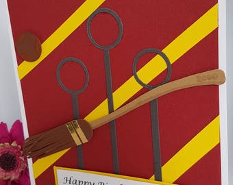 Personalised Quidditch Hogwarts Harry Potter Birthday Card Gryffindor Hufflepuff Ravenclaw Slytherin Handmade Kids Adults BD48