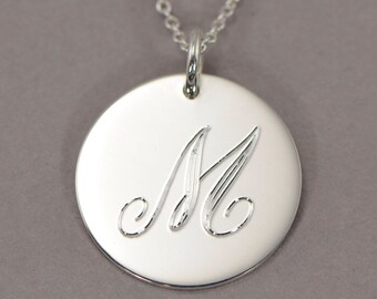 Monogram initial necklace sterling silver personalized monogram necklace engraved monogrammed jewelry initial pendant disc charm M 3/4" STLS