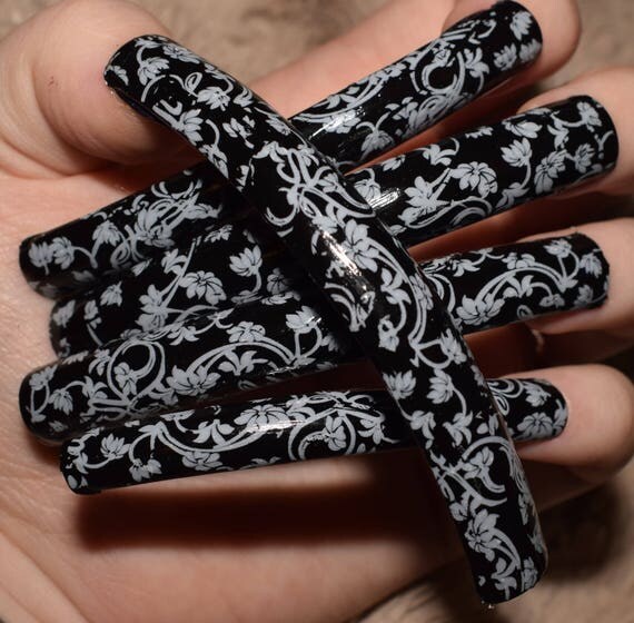 Black Fake Nails, Super Long Curved False Nails, Hand Painted And