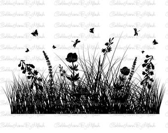 Grass Silhouette wildflowers SVG Dxf Png Eps Files Vector Herbs Butterfly floral clipart Nature Meadow flowers print Digital cutting file