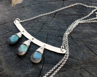 Gemstone Necklace, Labradorite Necklace, Oxidized or Silver Bar Necklace, Statement Necklace Bridal Necklace, Handmade Jewelry, Gift For Her