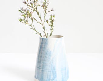 light blue brushed vase, small, pot, handmade, wheel thrown, ceramic, pottery, glazed