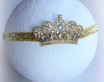 Newborn Tiara Headband| Baby Girl Crown Headband| Glitter Gold Birthday Crown| 1st Birthday Headband| Newborn Photo Prop
