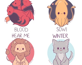 Kawaii Game of Thrones Family Crests with motto stickers and/or prints, 8x10" or 6x8", Targaryen, stark, Greyjoy, Lannister.