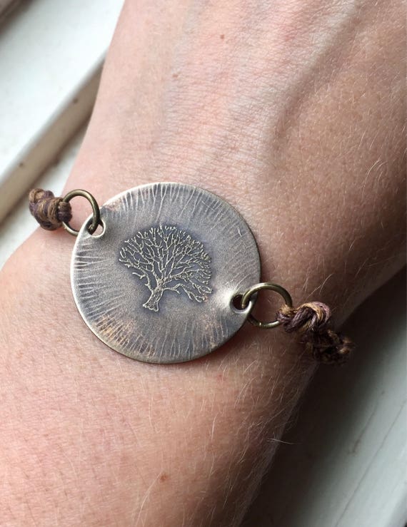 etched brass tree bracelet