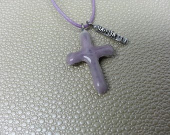 Purple ceramic cross pendant necklace