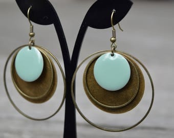 bronze earrings green sequin round enamel and large metal ring